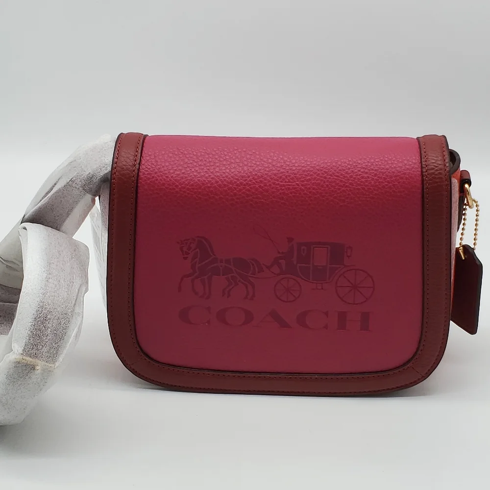 Coach Saddle with Horse & Carriage Leather Crossbody Colorblock Pink Ra - Picture 5 of 16